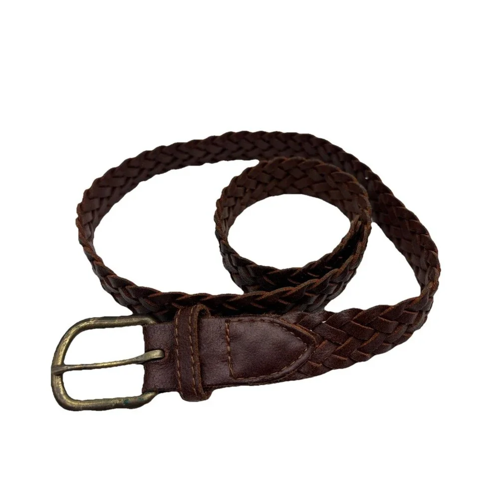 Brown Braided Leather Belt - Youth Kids Sz 26/28 Antiqued Brass Buckle Boy Girl